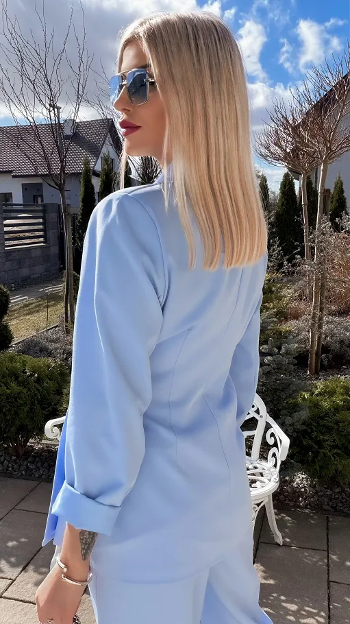 Świetny błękitny komplet na wiosnę marynarka + spodnie ONE SIZE - R804