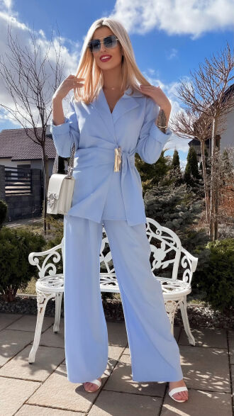 Świetny błękitny komplet na wiosnę marynarka + spodnie ONE SIZE - R804