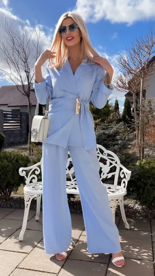 Świetny błękitny komplet na wiosnę marynarka + spodnie ONE SIZE - R804