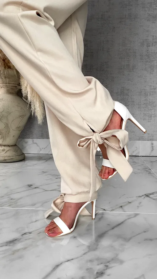 Wiosenne beżowe spodnie z gumką w pasie i wiązanymi nogawkami ONE SIZE - R672A