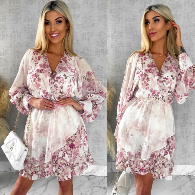 Wiosenna sukienka w różowe kwiaty z kopertowym dekoltem ONE SIZE - R522