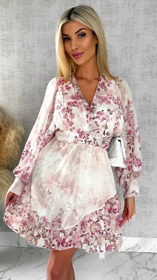 Wiosenna sukienka w różowe kwiaty z kopertowym dekoltem ONE SIZE - R522