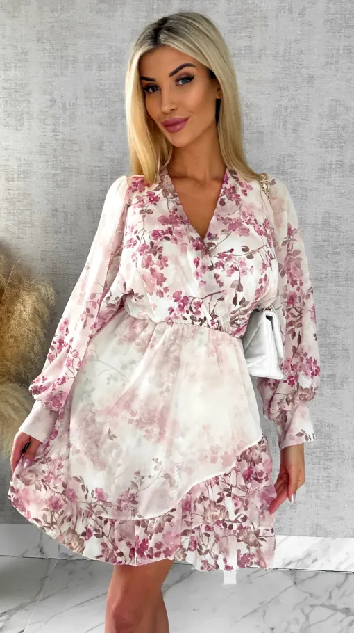 Wiosenna sukienka w różowe kwiaty z kopertowym dekoltem ONE SIZE - R522