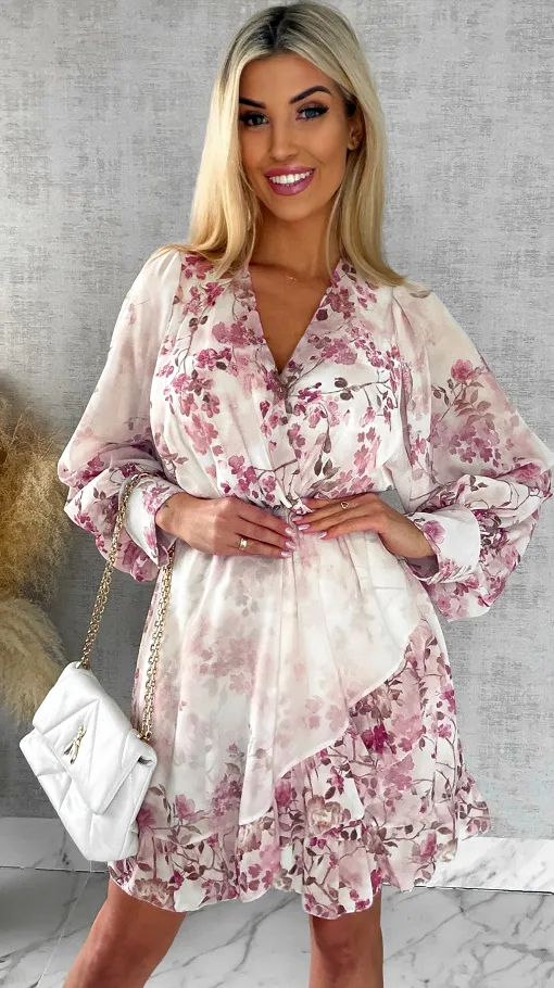 Wiosenna sukienka w różowe kwiaty z kopertowym dekoltem ONE SIZE - R522