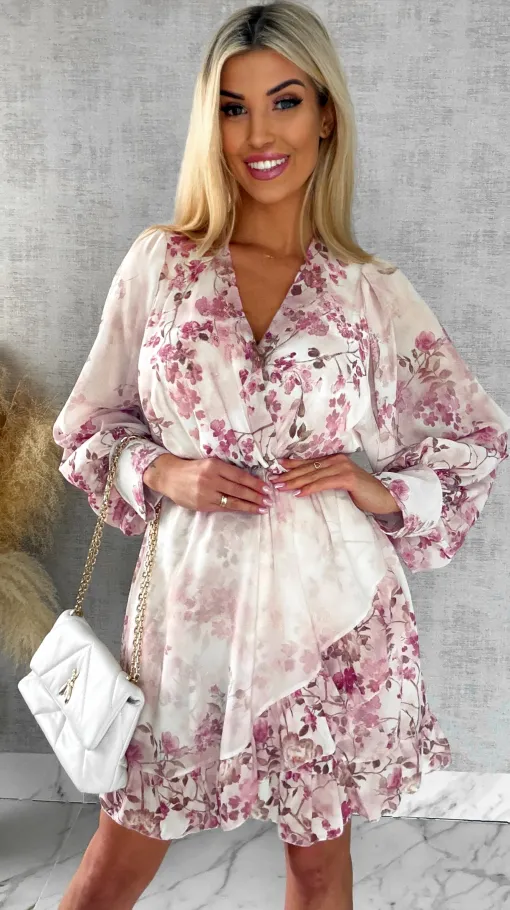 Wiosenna sukienka w różowe kwiaty z kopertowym dekoltem ONE SIZE - R522