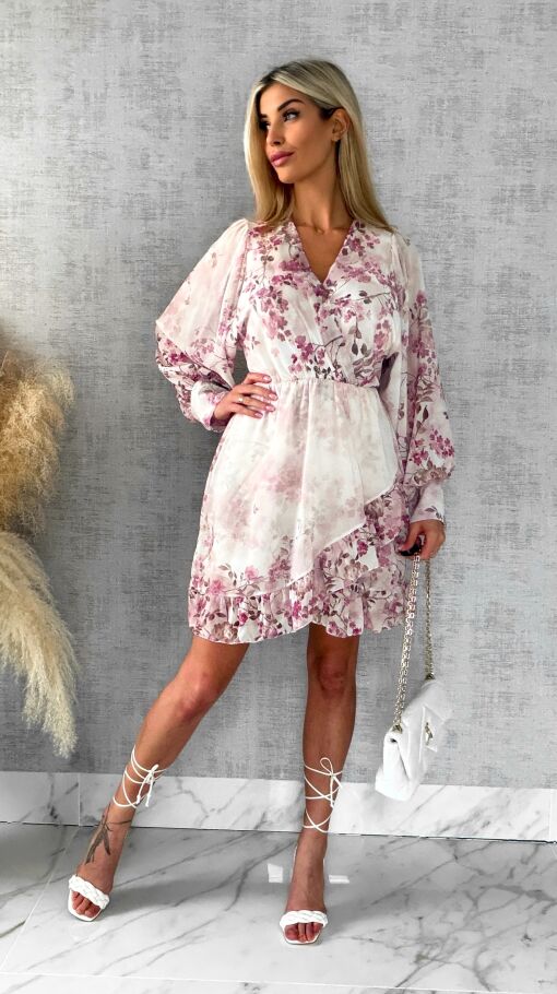 Wiosenna sukienka w różowe kwiaty z kopertowym dekoltem ONE SIZE - R522