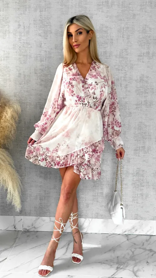 Wiosenna sukienka w różowe kwiaty z kopertowym dekoltem ONE SIZE - R522