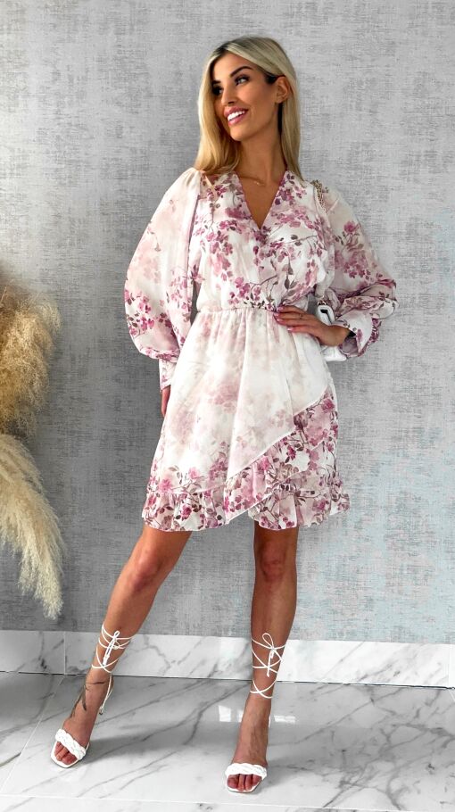 Wiosenna sukienka w różowe kwiaty z kopertowym dekoltem ONE SIZE - R522