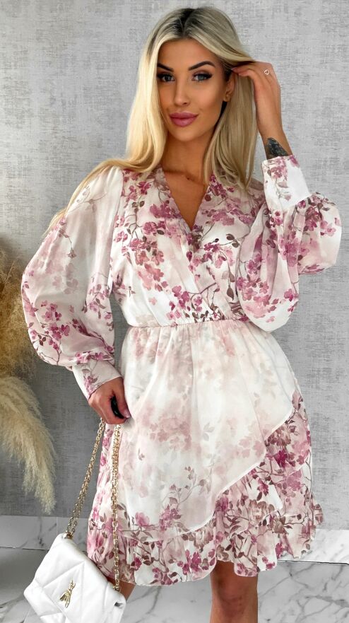 Wiosenna sukienka w różowe kwiaty z kopertowym dekoltem ONE SIZE - R522