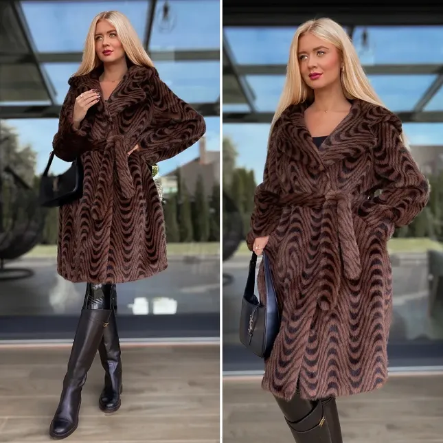 Ekskluzywne czekoladowe futro OVERSIZE w modne paski - R123