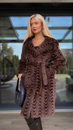 Ekskluzywne czekoladowe futro OVERSIZE w modne paski - R123