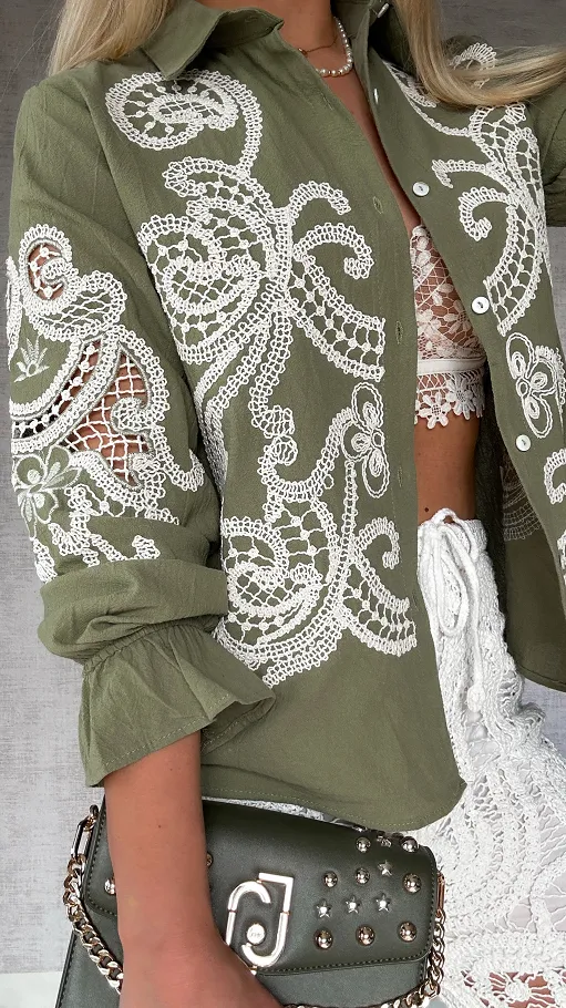 Bawełniana koszula khaki haftowana i ażurowa ONE SIZE - P493A