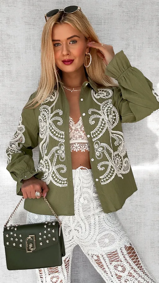 Bawełniana koszula khaki haftowana i ażurowa ONE SIZE - P493A