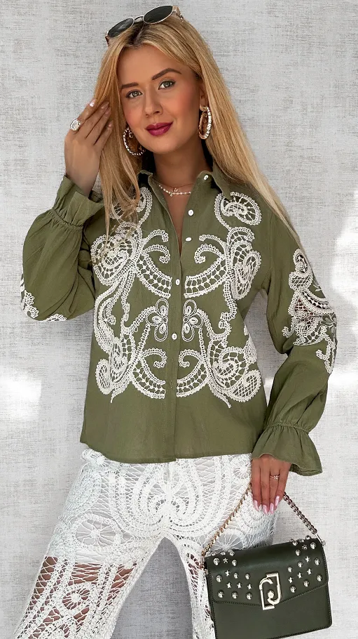 Bawełniana koszula khaki haftowana i ażurowa ONE SIZE - P493A