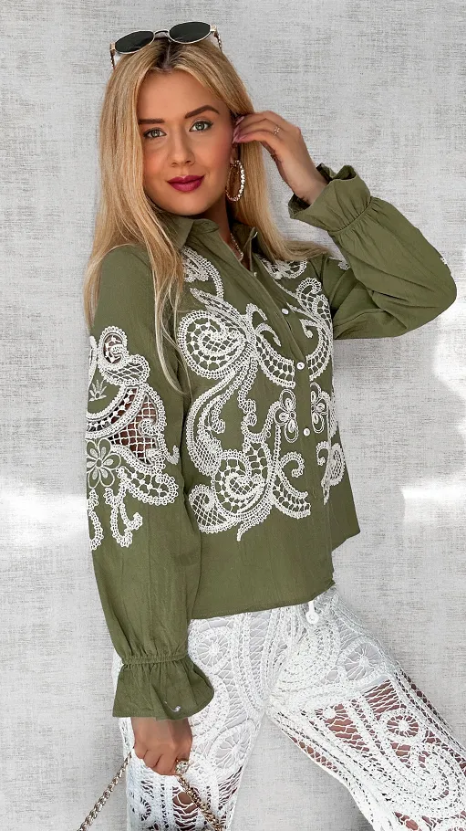 Bawełniana koszula khaki haftowana i ażurowa ONE SIZE - P493A