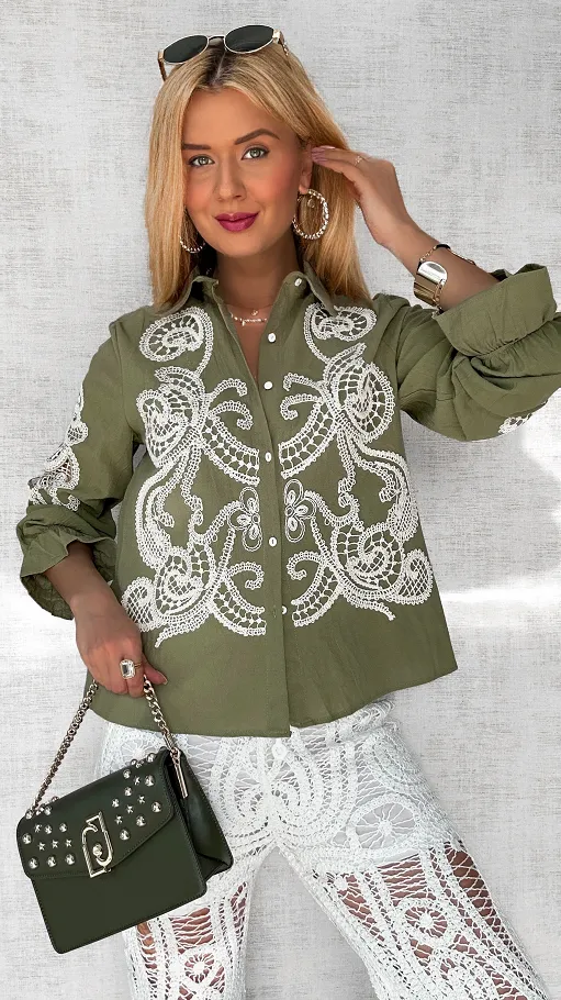 Bawełniana koszula khaki haftowana i ażurowa ONE SIZE - P493A