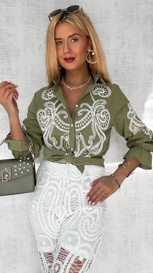 Bawełniana koszula khaki haftowana i ażurowa ONE SIZE - P493A