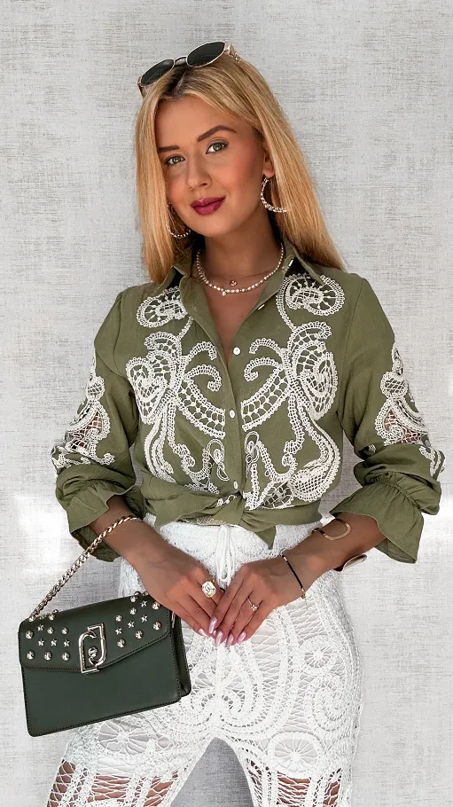 Bawełniana koszula khaki haftowana i ażurowa ONE SIZE - P493A