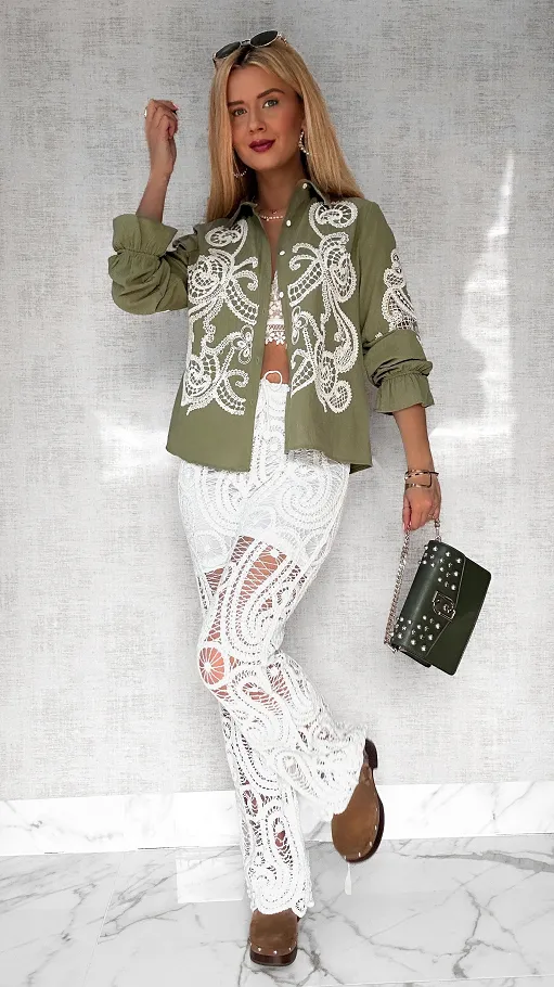 Bawełniana koszula khaki haftowana i ażurowa ONE SIZE - P493A