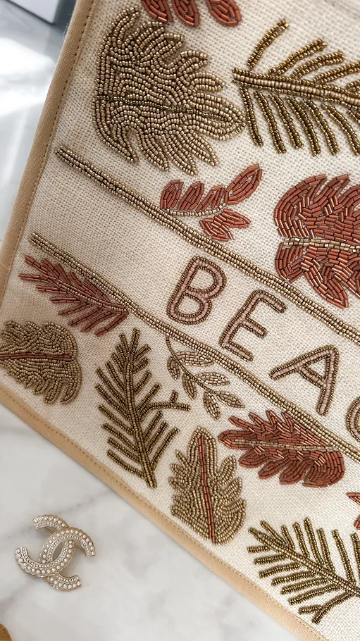 Bawełniana LETNIA torba w stylu boho zdobiona koralikami BEŻOWA - P664A