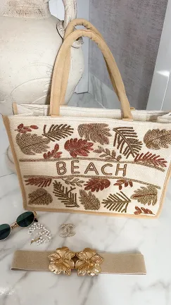 Bawełniana LETNIA torba w stylu boho zdobiona koralikami BEŻOWA - P664A