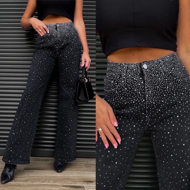 Czarne elastyczne spodnie jeansowe WIDE LEG z cyrkoniami z przodu - S408