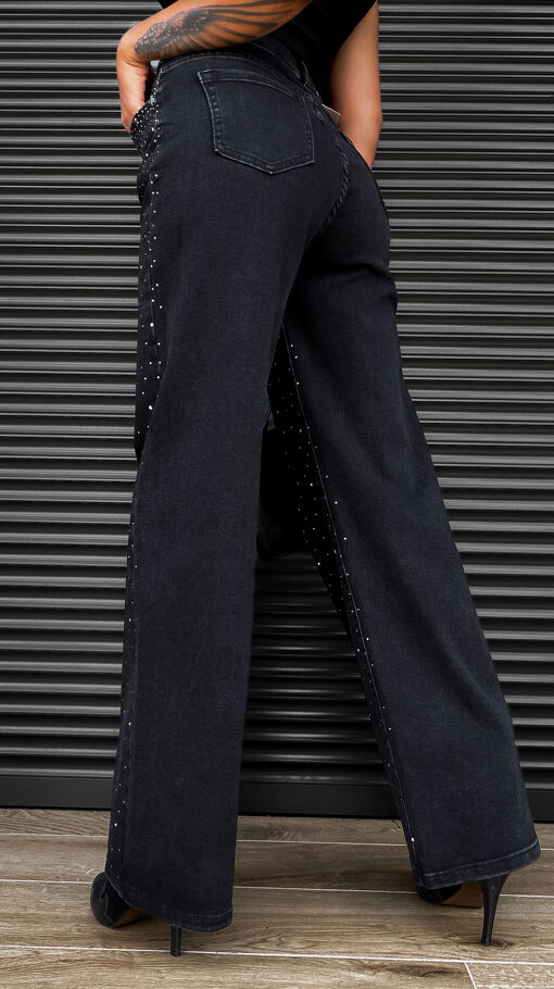Czarne elastyczne spodnie jeansowe WIDE LEG z cyrkoniami z przodu - S408