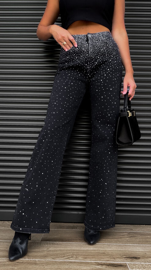 Czarne elastyczne spodnie jeansowe WIDE LEG z cyrkoniami z przodu - S408