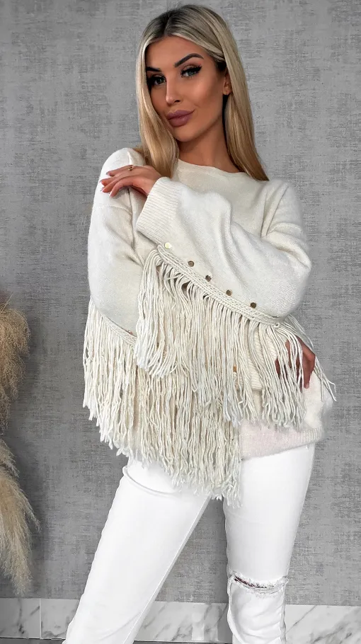Oryginalny jasno beżowy sweter z frędzlami i złotymi ćwiekami ONE SIZE - R613