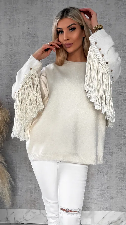 Oryginalny jasno beżowy sweter z frędzlami i złotymi ćwiekami ONE SIZE - R613