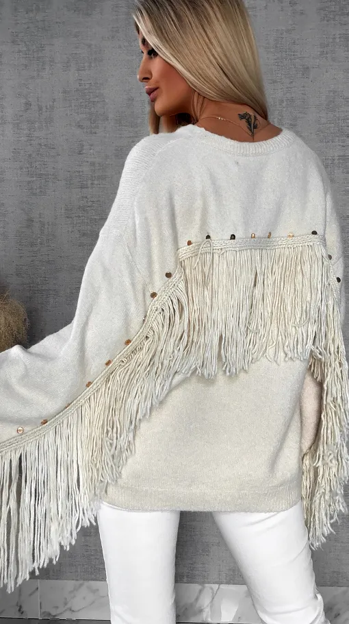 Oryginalny jasno beżowy sweter z frędzlami i złotymi ćwiekami ONE SIZE - R613