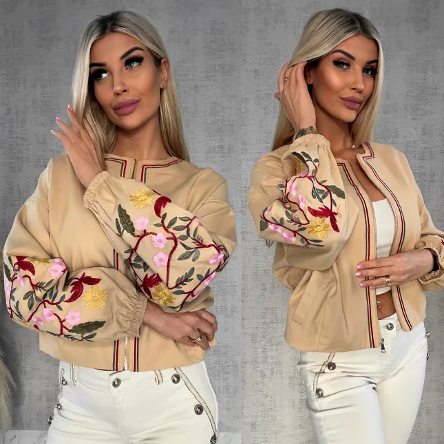 Wiosenna beżowy kurtka z kolorowymi haftowanymi kwiatami ONE SIZE - R591