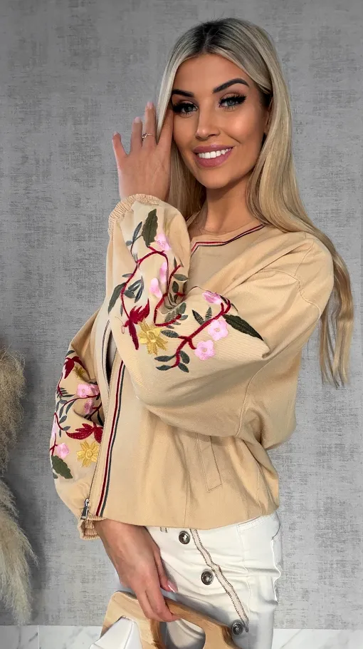 Wiosenna beżowy kurtka z kolorowymi haftowanymi kwiatami ONE SIZE - R591