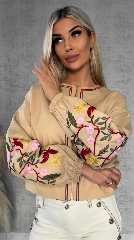 Wiosenna beżowy kurtka z kolorowymi haftowanymi kwiatami ONE SIZE - R591