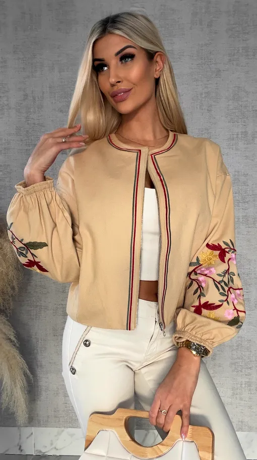 Wiosenna beżowy kurtka z kolorowymi haftowanymi kwiatami ONE SIZE - R591