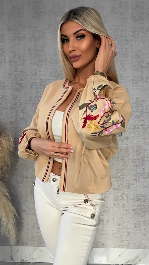 Wiosenna beżowy kurtka z kolorowymi haftowanymi kwiatami ONE SIZE - R591