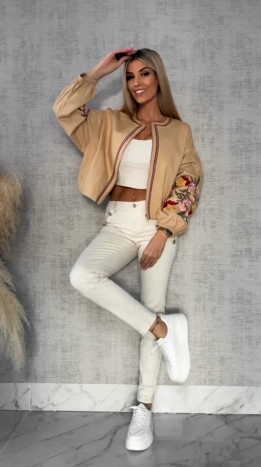 Wiosenna beżowy kurtka z kolorowymi haftowanymi kwiatami ONE SIZE - R591