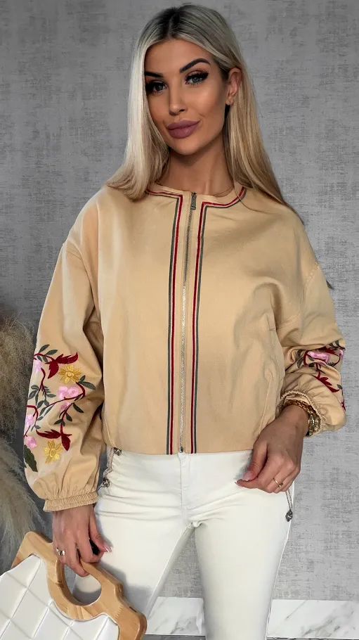 Wiosenna beżowy kurtka z kolorowymi haftowanymi kwiatami ONE SIZE - R591