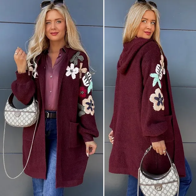 Oryginalny bordowy kardigan z kapturem zdobiony kwiatami ONE SIZE - P952