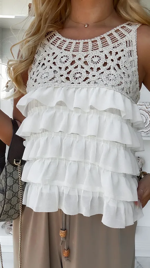 Szydełkowa bluzka BOHO na ramiączkach z falbankami ONE SIZE - P929