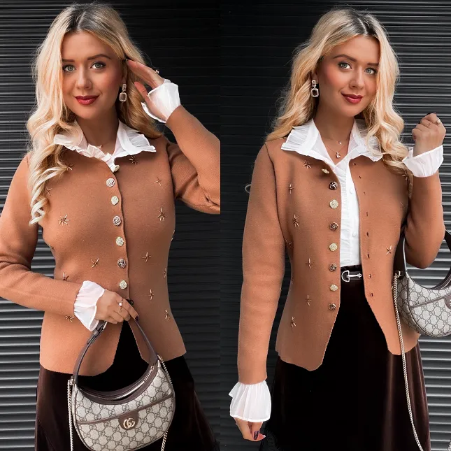 Elegancki dzianinowy sweter w gwiazdki ONE SIZE beżowy - R373