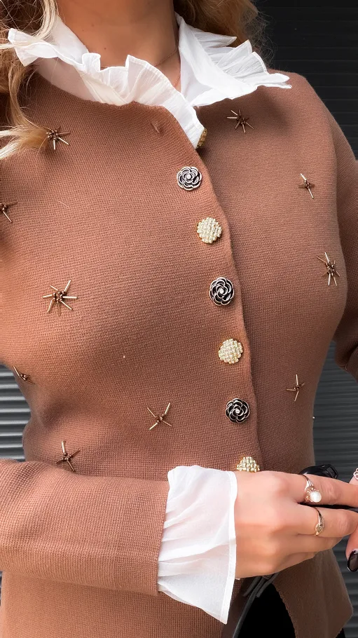 Elegancki dzianinowy sweter w gwiazdki ONE SIZE beżowy - R373