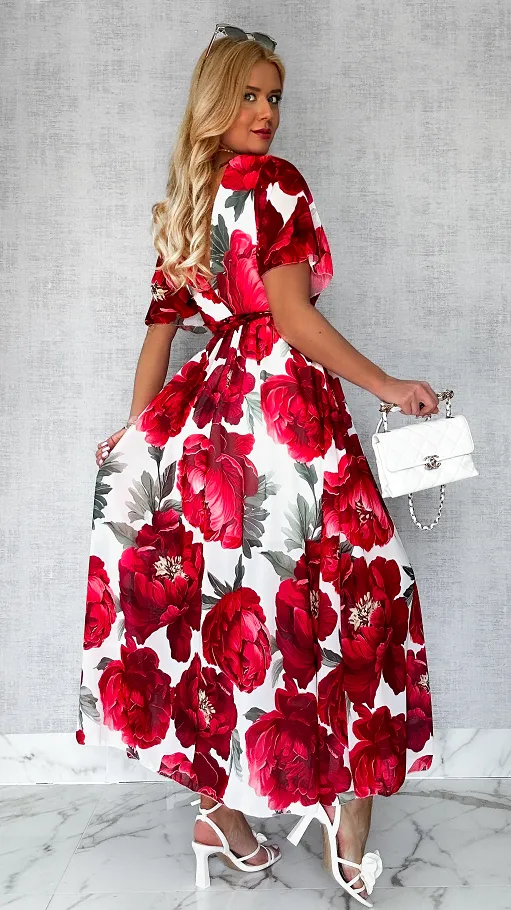 MAXI sukienka w czerwone kwiaty z kopertowym dekoltem ONE SIZE - P605