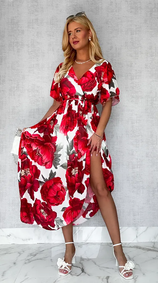 MAXI sukienka w czerwone kwiaty z kopertowym dekoltem ONE SIZE - P605