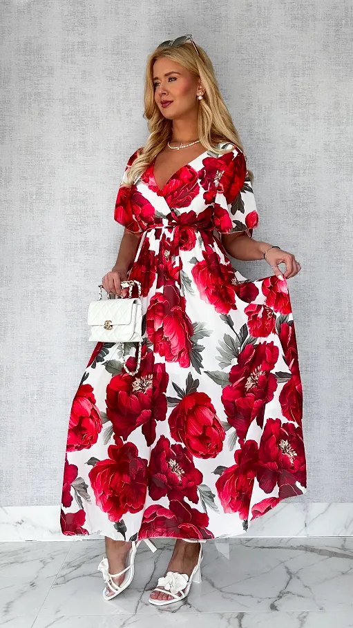 MAXI sukienka w czerwone kwiaty z kopertowym dekoltem ONE SIZE - P605