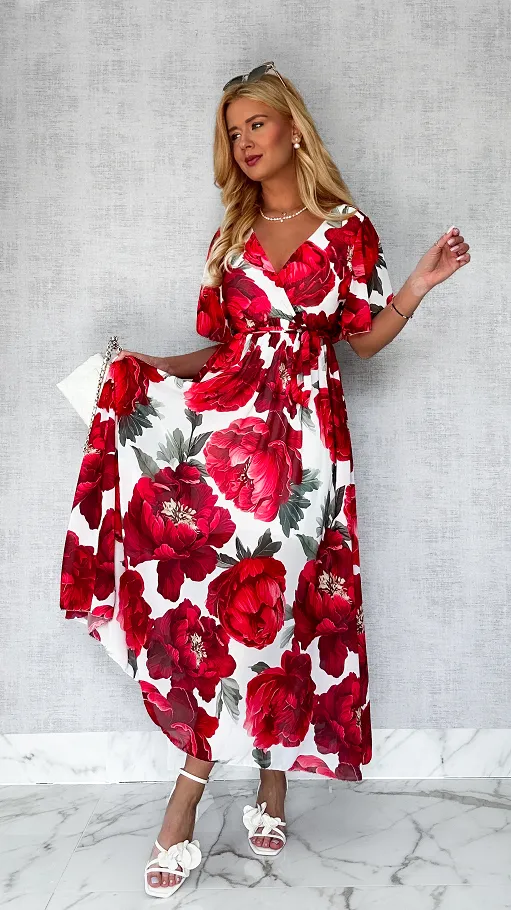 MAXI sukienka w czerwone kwiaty z kopertowym dekoltem ONE SIZE - P605