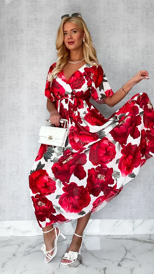 MAXI sukienka w czerwone kwiaty z kopertowym dekoltem ONE SIZE - P605