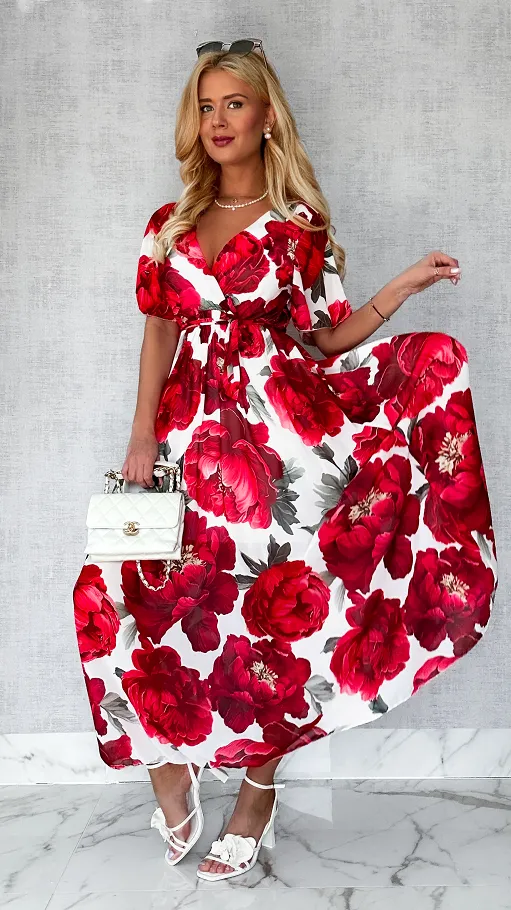 MAXI sukienka w czerwone kwiaty z kopertowym dekoltem ONE SIZE - P605