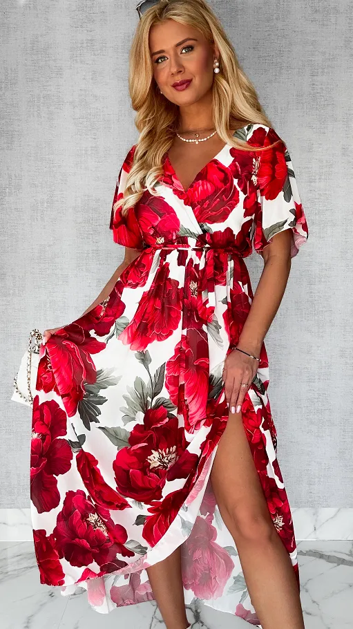 MAXI sukienka w czerwone kwiaty z kopertowym dekoltem ONE SIZE - P605