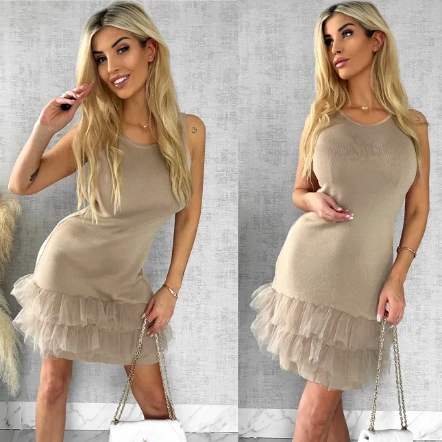 Beżowa dzianinowa sukienka z tiulem ONE SIZE - R447A